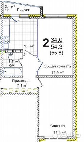 2-к квартира, 55 м², 3/5 эт.