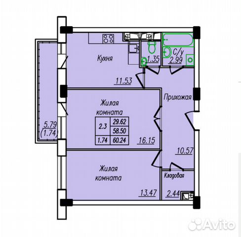 2-к квартира, 60.3 м², 7/17 эт.