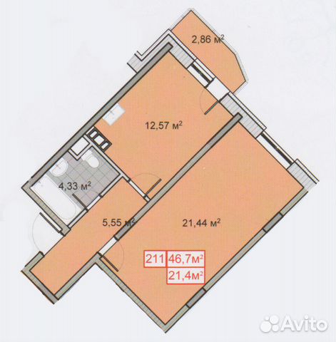 1-к квартира, 46.7 м², 9/9 эт.