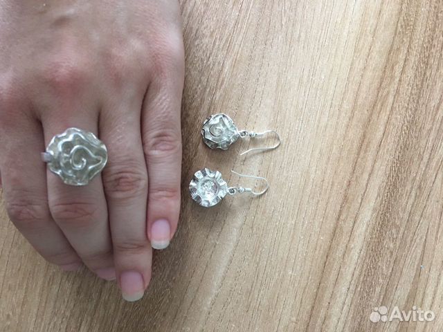 Серебряный комплект серьги и кольцо Италия