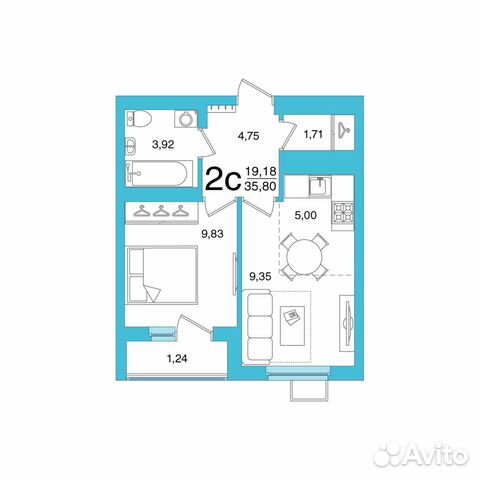 2-к квартира, 35.8 м², 24/26 эт.