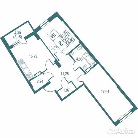 2-к квартира, 68.7 м², 11/25 эт.
