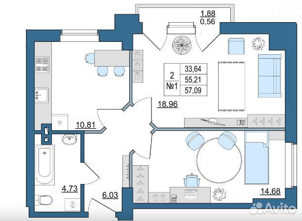 2-к квартира, 57 м², 5/18 эт. 2-к квартира, 57 м², 5/18 эт.