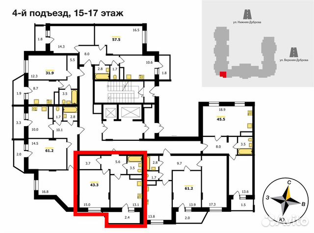 1-к квартира, 43.3 м², 16/17 эт. 1-к квартира, 43.3 м², 16/17 эт.