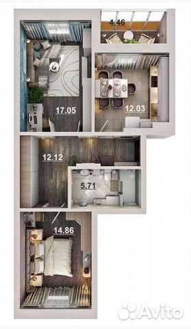 2-к квартира, 64 м², 16/19 эт.