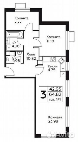 3-к квартира, 64.8 м², 2/14 эт.