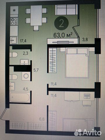 2-к квартира, 62.9 м², 6/8 эт.