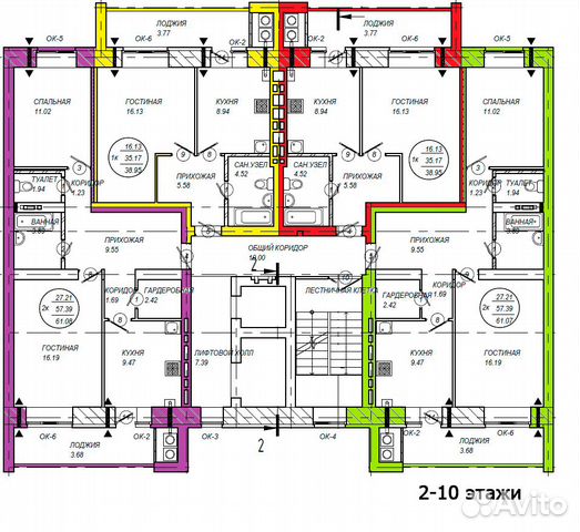 2-к квартира, 61.4 м², 2/9 эт.