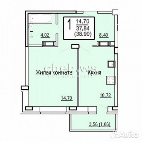 1-к квартира, 38.9 м², 3/9 эт.