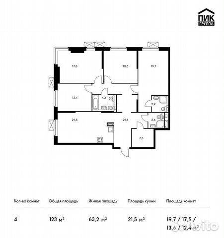 4-к квартира, 123 м², 20/24 эт. 4-к квартира, 123 м², 20/24 эт.