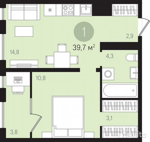 1-к квартира, 39.7 м², 4/8 эт.