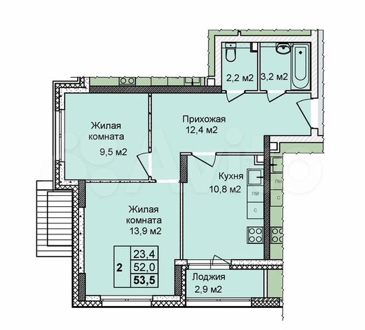 2-к. квартира, 53,5 м², 1/25 эт.