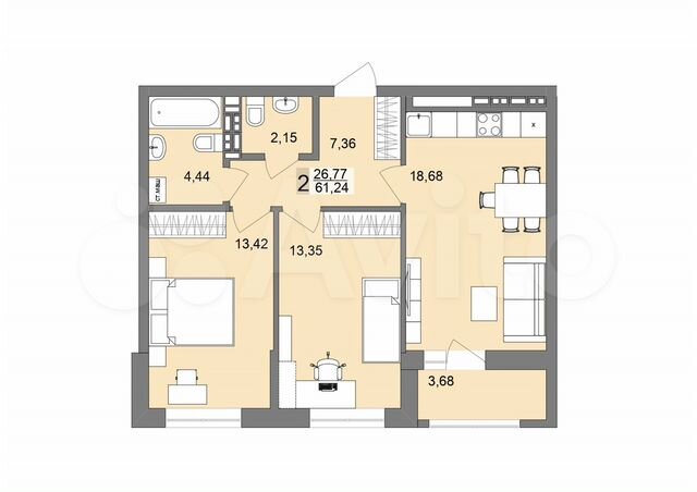 2-к. квартира, 61,2 м², 16/19 эт.