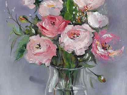 Картина маслом "Розы в вазе". Размер 25х35 см