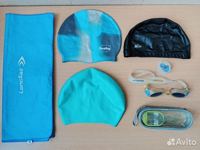 Шапочки для бассейна, очки, полотенце, зажим