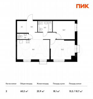 2-к квартира, 60.2 м², 2/26 эт.