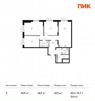 3-к квартира, 94.9 м², 4/14 эт.