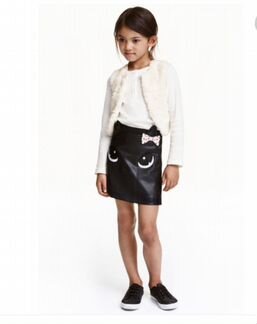 Юбка черная с кожаной вставкой на девочку 134см