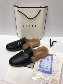 Мюли кожаные гуччи черные с мехом