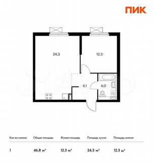 1-к квартира, 46.8 м², 5/24 эт.