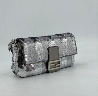 Сумка женская Fendi Baguette пайетки кожа серебро