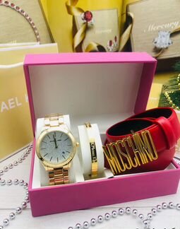 Розовый женский набор Michael Kors часы + ремень