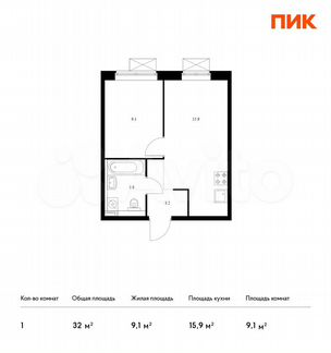 1-к квартира, 32 м², 11/19 эт.