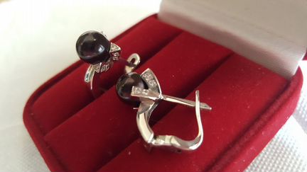 Серьги белое золото 750, бриллианты, черный жемчуг
