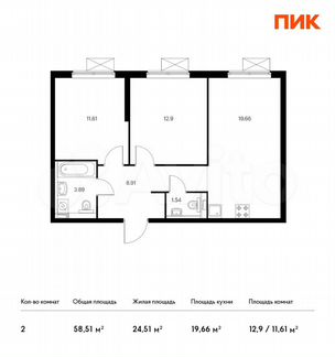 2-к квартира, 58.5 м², 6/33 эт.
