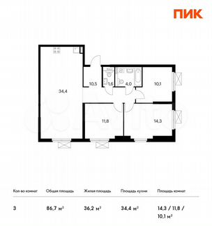 3-к квартира, 86.7 м², 6/33 эт.