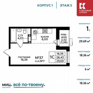 1-к квартира, 29.7 м², 5/17 эт.