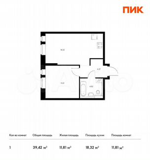 1-к квартира, 39.4 м², 10/22 эт.