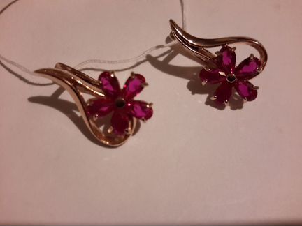 Серьги СССР золото 585 на серебре 925, корунд.винт